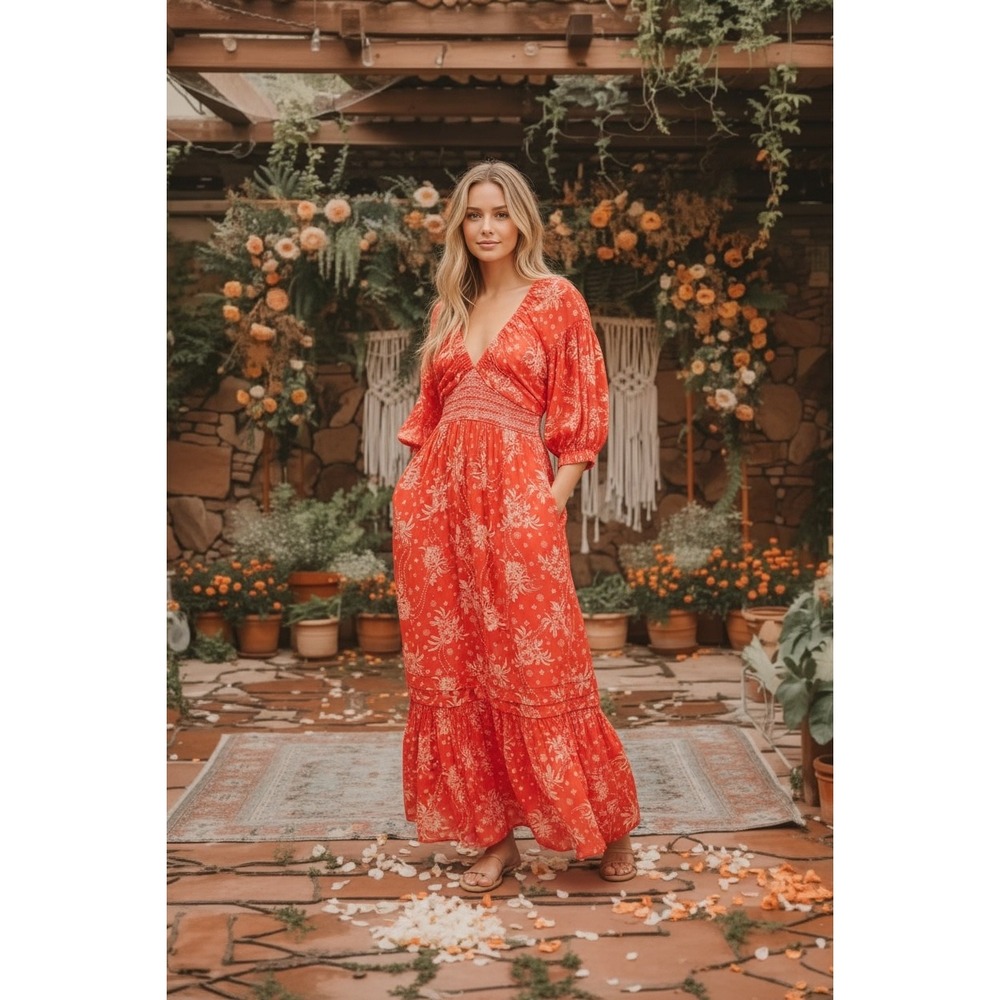 Free People Southwest Skies Maxi Dress Red Floral Smocked Puff Sleeve Size Small - Picture 2 of 3
